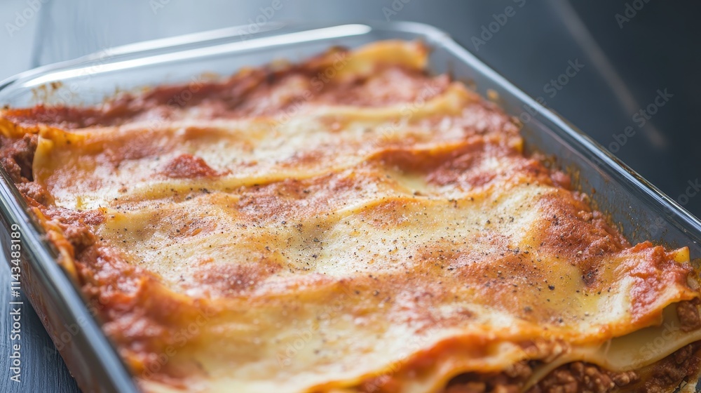 A hearty lasagna dish with empty space at the top for text, layered with rich meat sauce, creamy béchamel, and perfectly cooked pasta sheets. The comforting presentation and inviting appearance A hearty lasagna dish with empty space at the top for text, layered with rich meat sauce, creamy béchamel, and perfectly cooked pasta sheets. The comforting presentation and inviting appearance