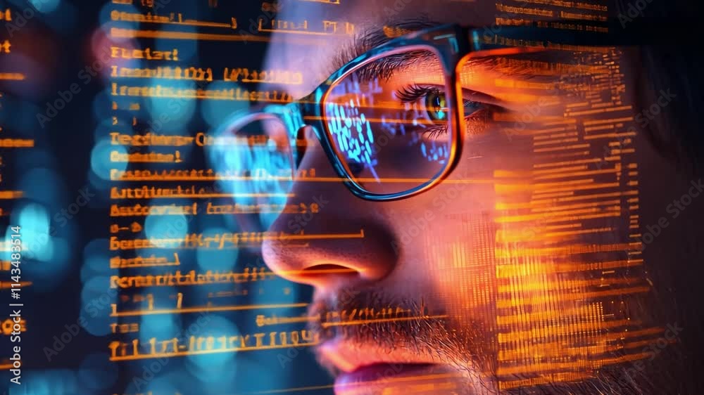 Code Breaker: A close-up portrait of a focused programmer with code reflected in his glasses, symbolizing the intricate world of software development. 