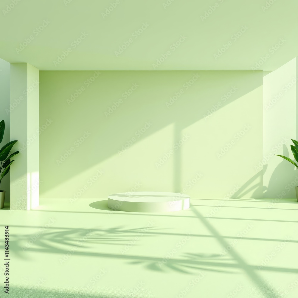 Minimalist interior, soft green walls, dramatic shadows, bright sunlight, empty room, white pedestal, potted plants, architectural columns, clean lines, sparse decor, tranquil atmosphere, 3D rendering Minimalist interior, soft green walls, dramatic shadows, bright sunlight, empty room, white pedestal, potted plants, architectural columns, clean lines, sparse decor, tranquil atmosphere, 3D rendering