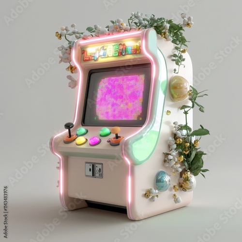 Retro Arcade Machine Surrounded by Flowers and Greenery Decoration