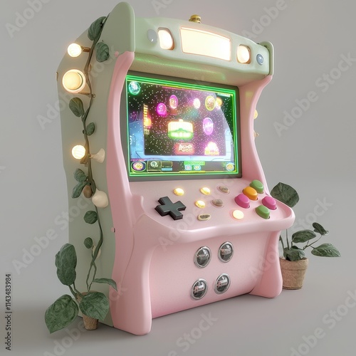 Vintage Arcade Machine Surrounded by Green Plants and Soft Lights