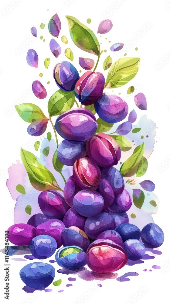 Vibrant Purple Grapes Cluster with Green Leaves in Delicious and fresh grape bunch with lush foliage in a stylized digital painting like artwork Vibrant Purple Grapes Cluster with Green Leaves in Delicious and fresh grape bunch with lush foliage in a stylized digital painting like artwork