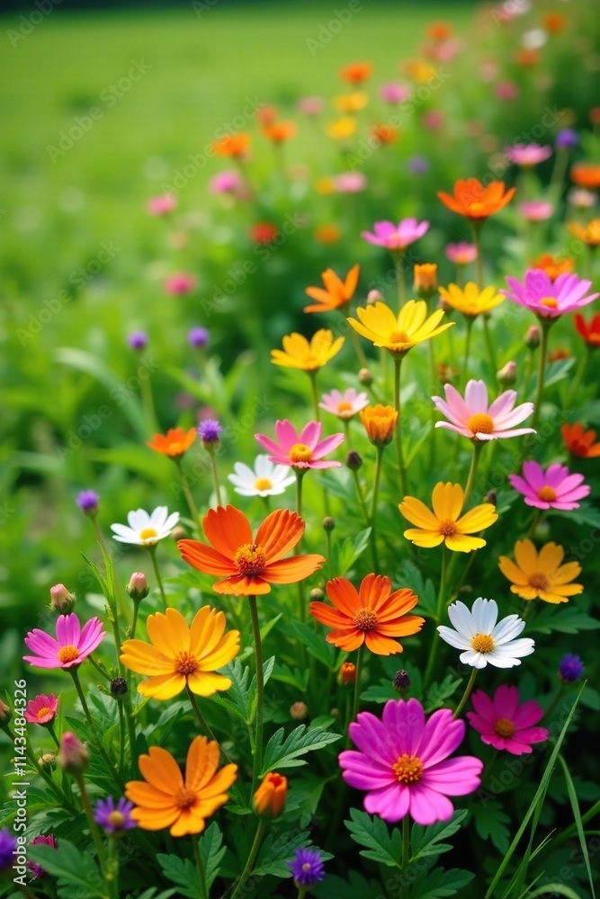 a colorful mix of wildflowers scattered across the grass, colors, garden, blooms a colorful mix of wildflowers scattered across the grass, colors, garden, blooms