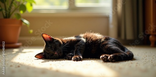 A contented little black cat snoozes in a sunbeam streaming through an open window onto a warm beige carpet, carpet, home decor photo