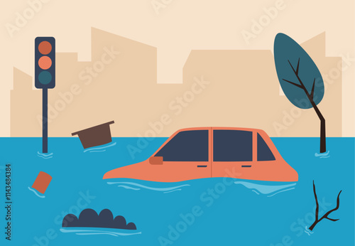 Flood disaster with cars sinking vector design illustration