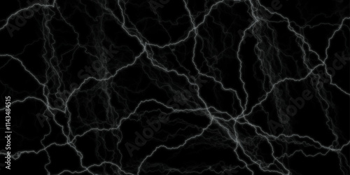 Massive lightning bolt with branches isolated on black background. Branched lightning bolt. Electric bolt. Vector gray and black cracked texture style overlay with cracked texture. 