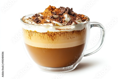 Foamy coffee cappuccino with wiped milk and coco powder on top, in double glass mug isolated on white background