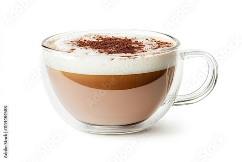 Foamy coffee cappuccino with wiped milk and coco powder on top, in double glass mug isolated on white background