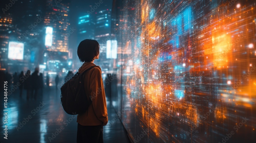 Person observes futuristic city data display. Person observes futuristic city data display.