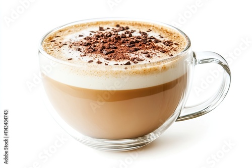 Foamy coffee cappuccino with wiped milk and coco powder on top, in double glass mug isolated on white background