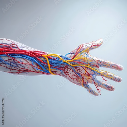 Human arm anatomy showing nerves and blood vessels alongside muscles