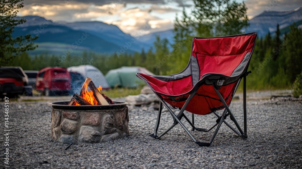 Cozy Camping Setup with a Bright Red Chair Next to a Stone Fire Pit Surrounded by Nature and Mountains in the Evening Light Cozy Camping Setup with a Bright Red Chair Next to a Stone Fire Pit Surrounded by Nature and Mountains in the Evening Light