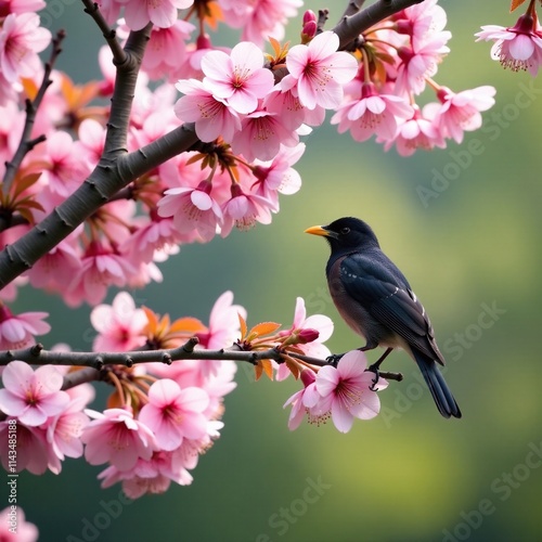 A dark bird perched on a branch of a blooming cherry blossom tree, wildlife photography, peaceful scene, ornamental trees photo