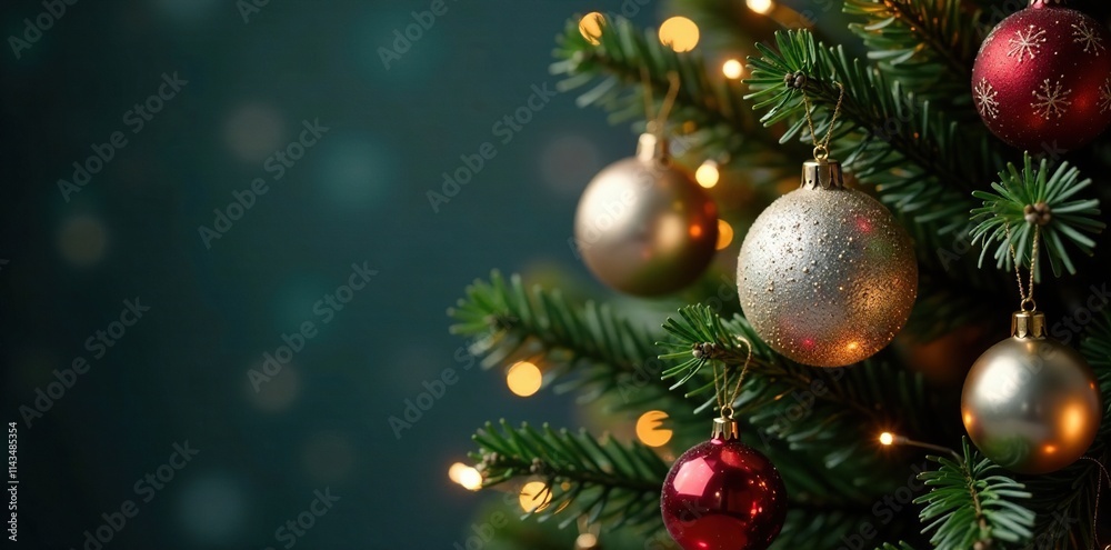 A decorated tree with golden stars and silver ornaments, Christmas, festive, lights A decorated tree with golden stars and silver ornaments, Christmas, festive, lights