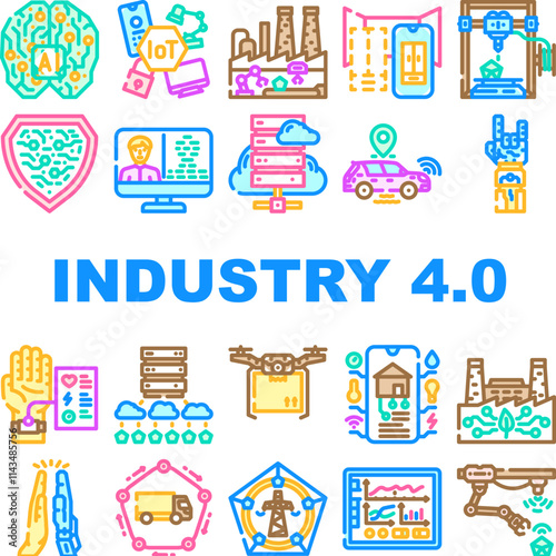 industry 4 automation robotics icons set vector. cybersecurity bigdata, analytics cloud, smart, connectivity sensors, machine learning industry 4 automation robotics color line illustrations