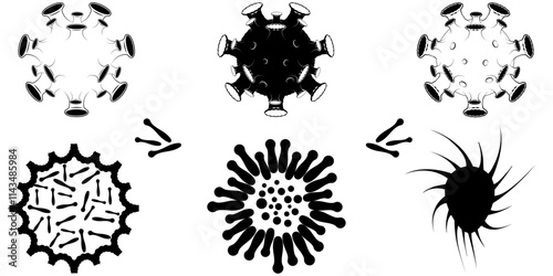 Viruses, germs and bacteria, microorganism types. Illness or disease microscopic cells and infection, microbes and antibodies. Dangerous pathogen, microbiology. Vector isolated illustration