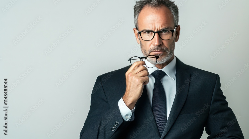 A middle-aged businessman holding a pair of glasses thoughtfully, wearing a classic suit, isolated on white A middle-aged businessman holding a pair of glasses thoughtfully, wearing a classic suit, isolated on white