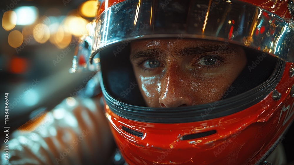 Dynamic Race Car Driver in Helmet Action Shot with Intense Cinematic Style and Dramatic Lighting