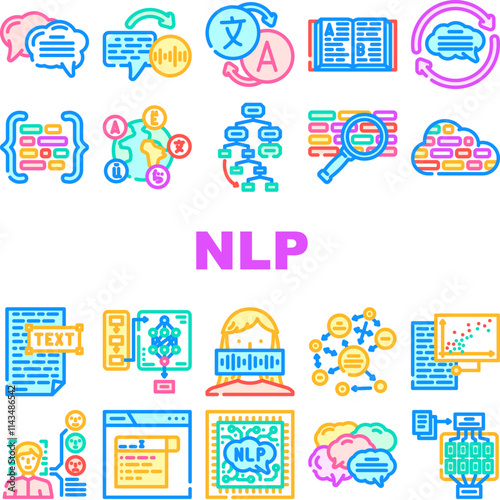 natural language processing nlp icons set vector. tokenization parsing, semantics syntax, embeddings transformers, bert natural language processing nlp color line illustrations