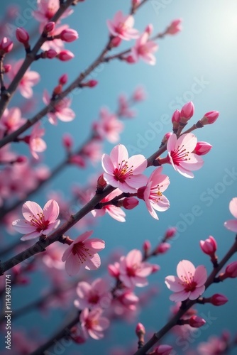 A delicate plum blossom branch stretching towards the sky with gentle curves, tree, growth