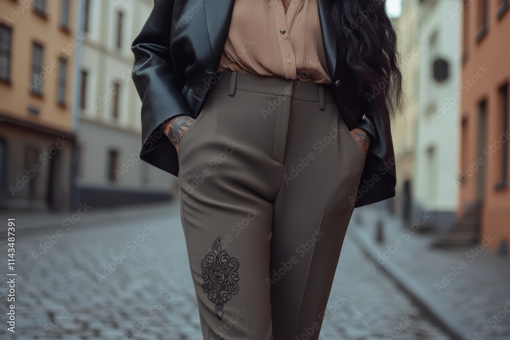 A woman is wearing a black jacket and tan shirt A woman is wearing a black jacket and tan shirt