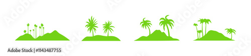 A series of green silhouettes depicting tropical islands with palm trees and hills.