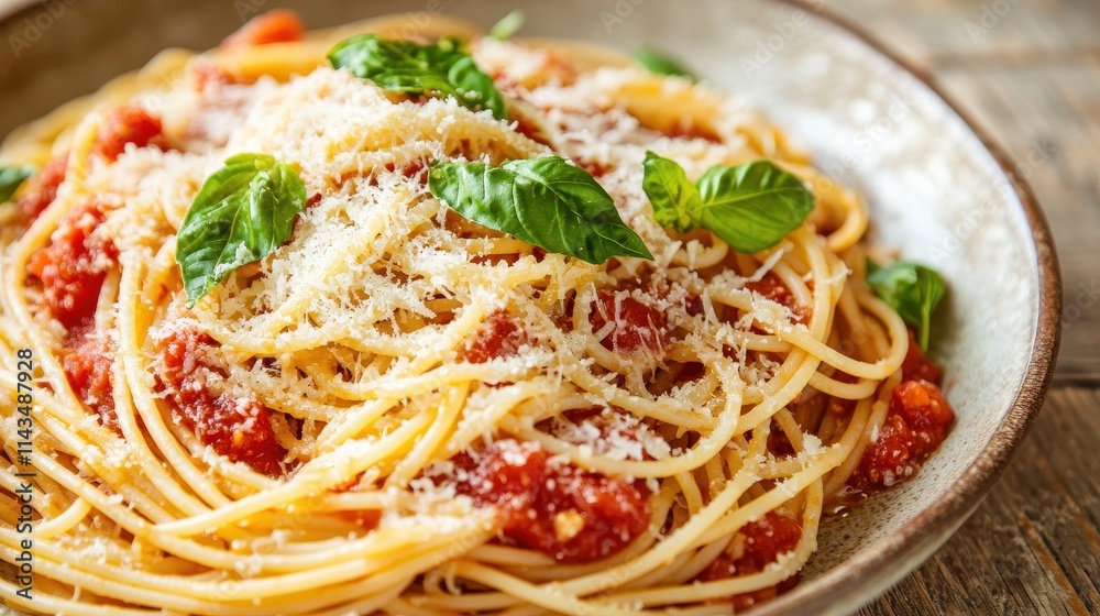 A traditional Italian pasta dish with space on the right side for text, featuring spaghetti in a rich tomato sauce with basil and Parmesan cheese. The rustic presentation and vibrant colors A traditional Italian pasta dish with space on the right side for text, featuring spaghetti in a rich tomato sauce with basil and Parmesan cheese. The rustic presentation and vibrant colors