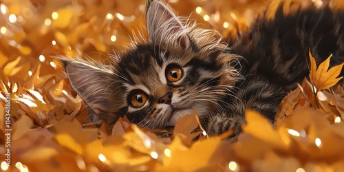 Playful kitten among autumn leaves nature animal photography cozy environment close-up whimsical vibes photo