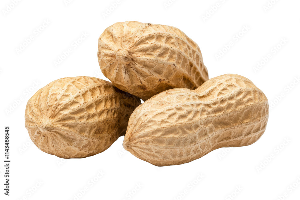 Three peanuts are shown on a white background Three peanuts are shown on a white background
