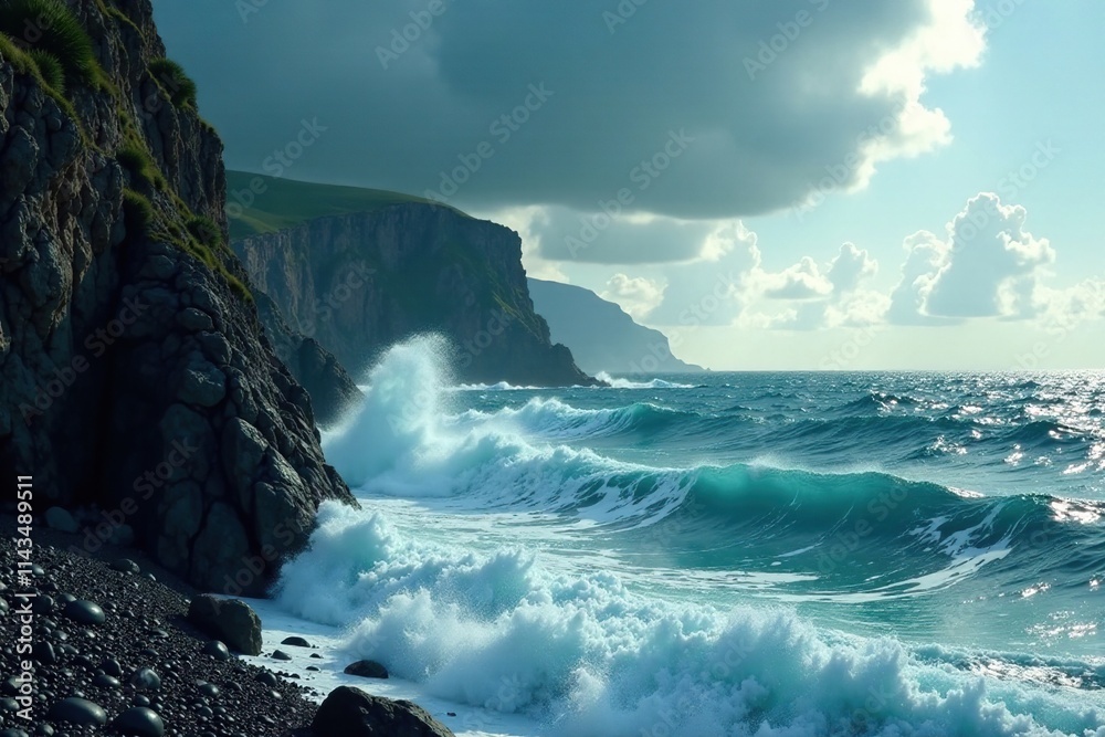 A dramatic stormy sea with crashing waves against a rugged sea cliff, natural scenery, ocean waves A dramatic stormy sea with crashing waves against a rugged sea cliff, natural scenery, ocean waves