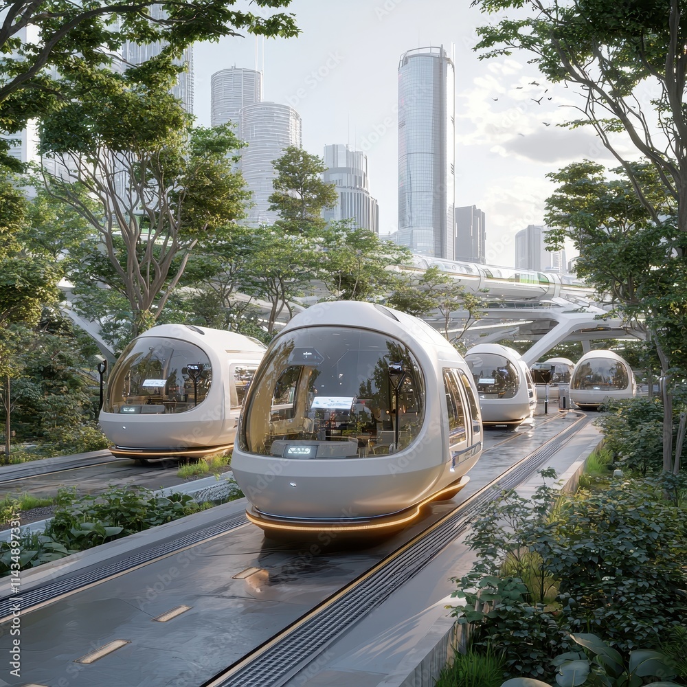 Futuristic Transportation Hub with Sky Pods in Urban Environment Futuristic Transportation Hub with Sky Pods in Urban Environment