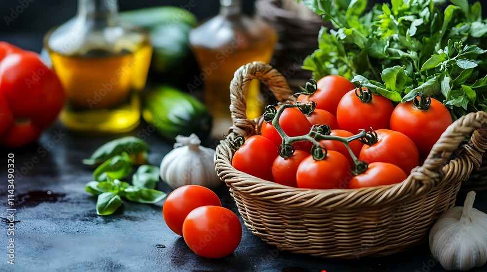 Fresh tomatoes carefully arranged in a basket still life photo. AI Generated Fresh tomatoes carefully arranged in a basket still life photo. AI Generated