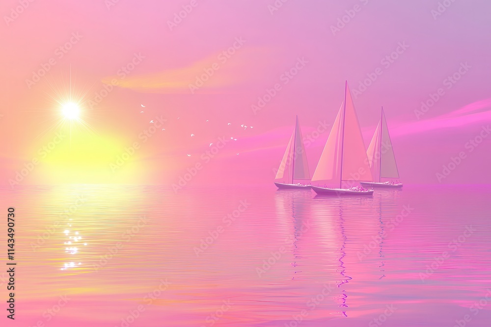 Naklejka premium Serene Sailing at Sunset: Tranquil Water Reflection with Dreamy Hues of Pink and Gold, Two White Sailed Boats on a Calm Ocean in a Magical Atmosphere