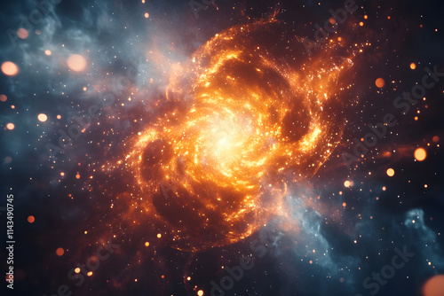 Fiery cosmic explosion in deep space, vibrant nebula with glowing orange and blue hues, mesmerizing galaxy formation, astronomy-inspired celestial art wallpaper photo