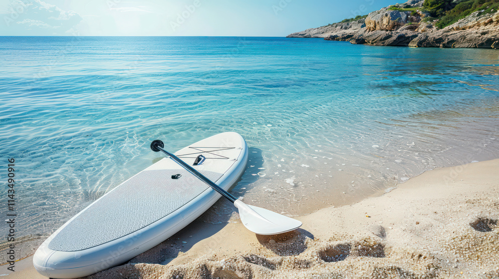 serene beach scene featuring paddleboard on calm waters serene beach scene featuring paddleboard on calm waters