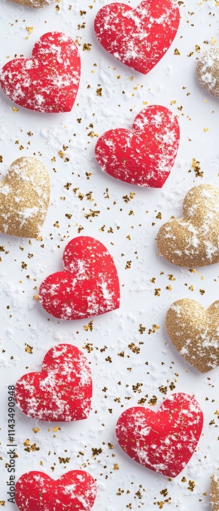 Fototapeta premium Festive Red and Gold Hearts on Snowy Texture for Seasonal Decoration