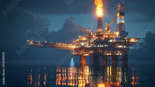 Illuminated Offshore Oil Rig at Night: Energy Production and Exploration
