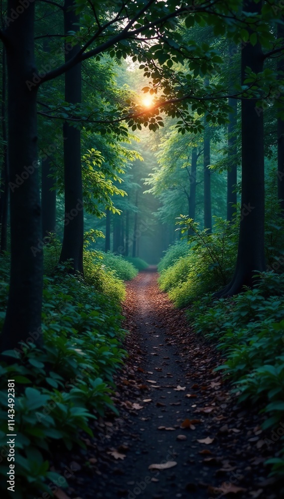 A forest path at dusk with dark green foliage and a faint light glow, light, ambiance A forest path at dusk with dark green foliage and a faint light glow, light, ambiance