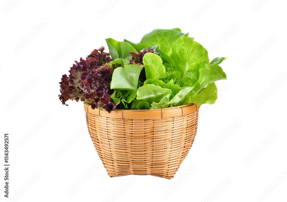 Various fresh salad vegetables in bamboo basket isolated on transparent or white background Various fresh salad vegetables in bamboo basket isolated on transparent or white background