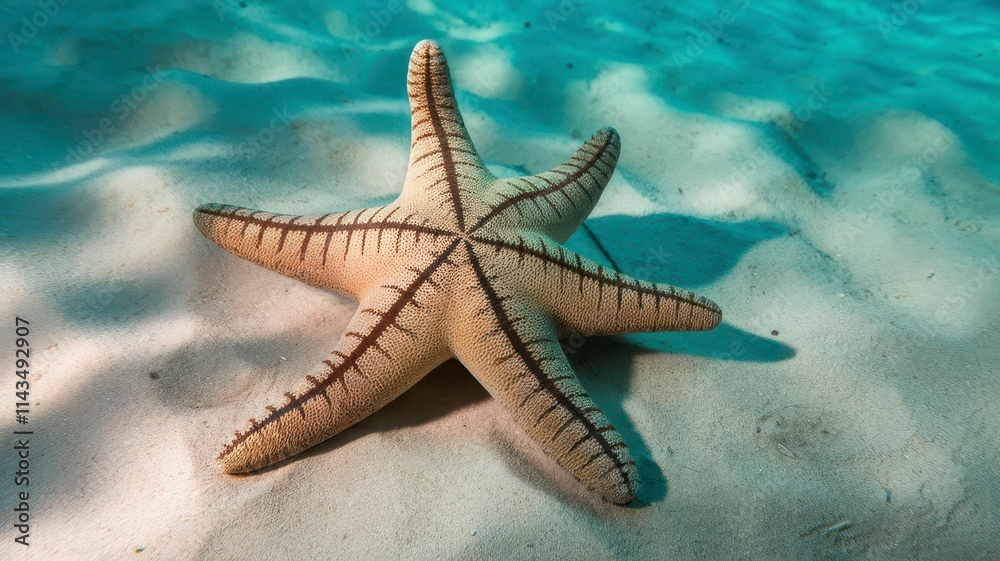 A vibrant starfish resting on a sandy ocean floor, showcasing marine beauty and diversity. A vibrant starfish resting on a sandy ocean floor, showcasing marine beauty and diversity.