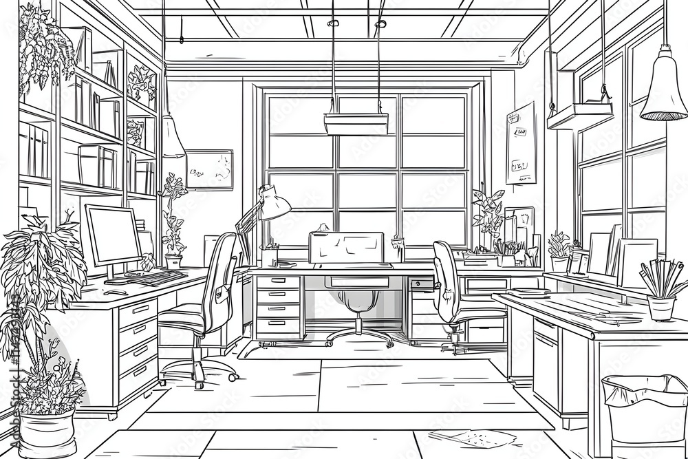 Fototapeta premium Office background with abstract elements such as office chairs and desk items. A minimalist office space with white walls, simple furniture, and clean lines. The desk is clutter-free, line art vector
