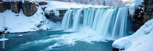 A frozen waterfall in the background of a snowy landscape with a river, snowflakes, river, ice