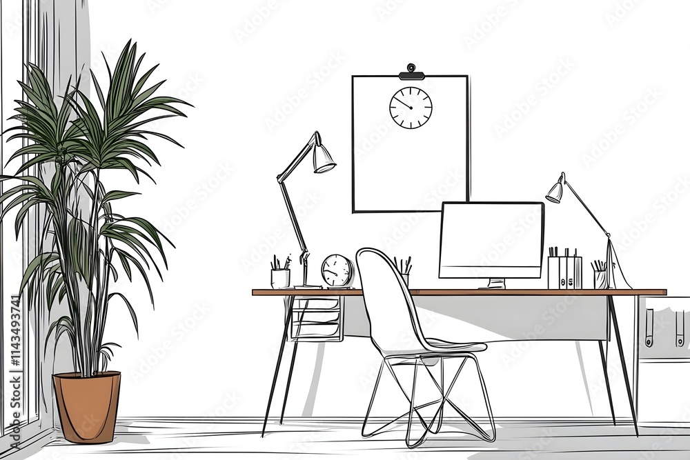 Fototapeta premium Office background with abstract elements such as office chairs and desk items. A minimalist office space with white walls, simple furniture, and clean lines. The desk is clutter-free, line art vector