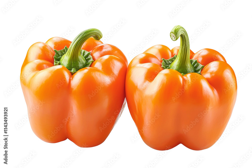 Two orange peppers are sitting on a white background Two orange peppers are sitting on a white background