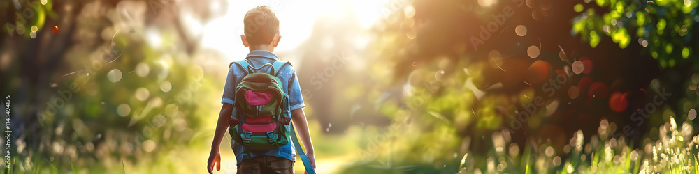 Naklejka premium Boy with Backpack Heading to School