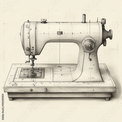 A vintage sewing machine illustrated in a detailed, technical style. photo