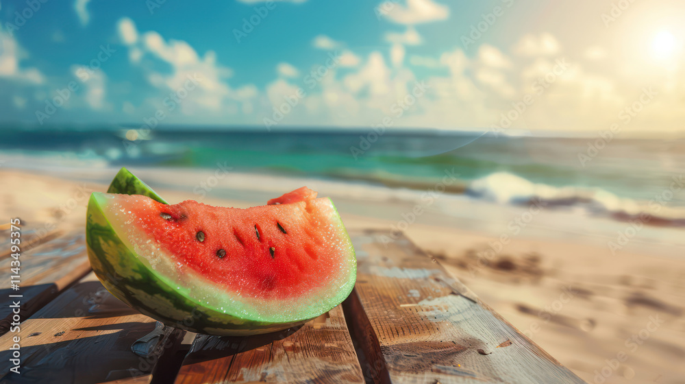 Refreshing watermelon slice on wooden table by beach Refreshing watermelon slice on wooden table by beach