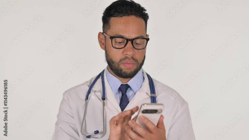 Portrait of Male Doctor Browsing phone on White Background Portrait of Male Doctor Browsing phone on White Background