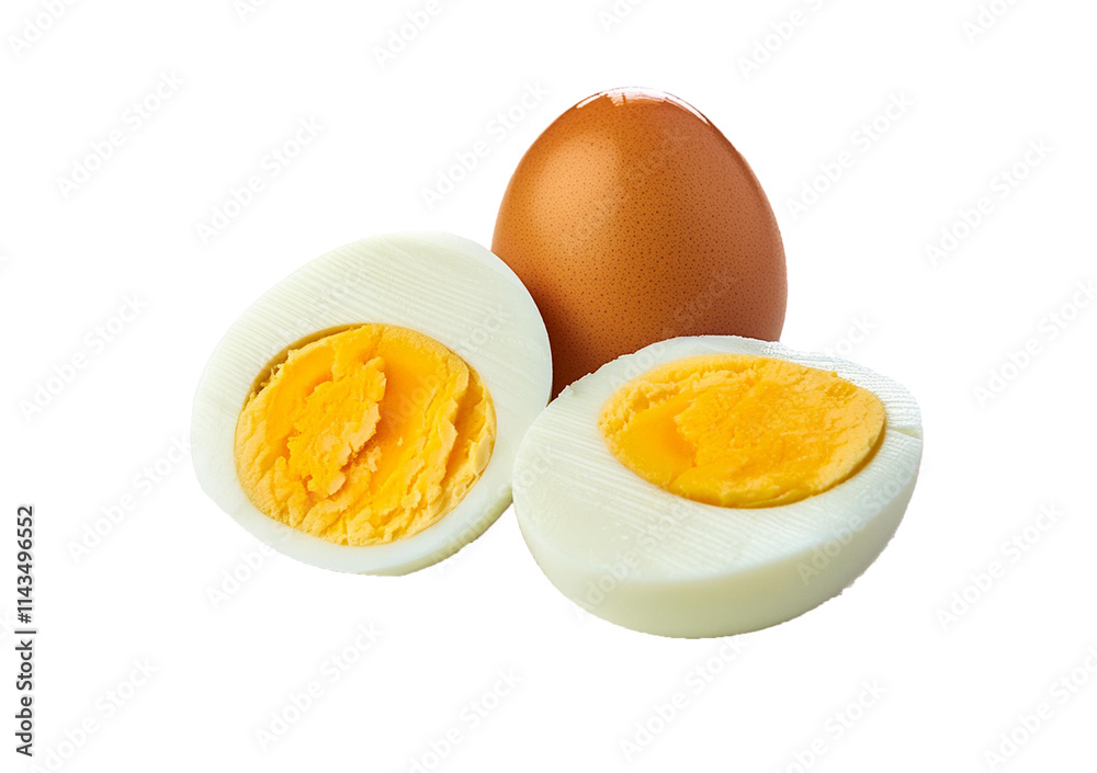 Single whole boiled egg with halved egg isolated on a transparent or white background Single whole boiled egg with halved egg isolated on a transparent or white background