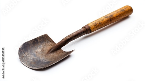 Rusty garden shovel with wooden handle isolated on white photo